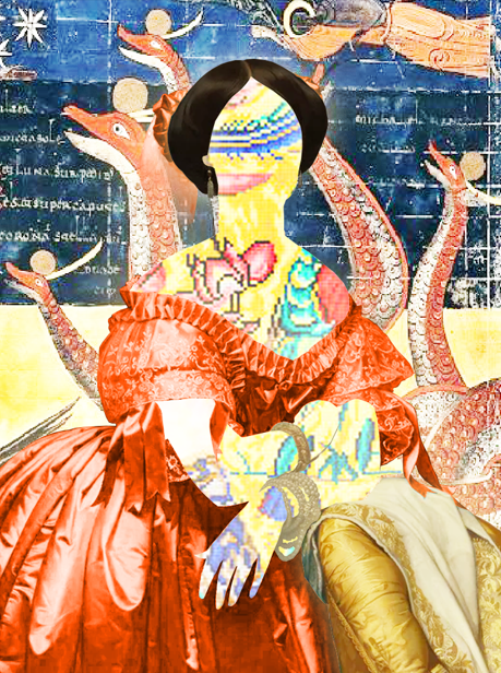 Rob or Tax NFT — the Rune Scribe, glitch-faced figure in red gown